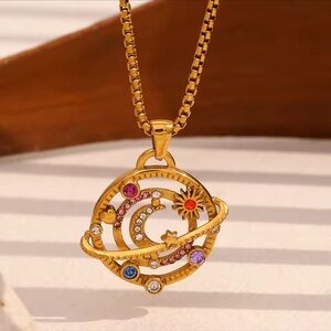 NEW 18K Gold Plated Moon Star Planet Necklace Stainless Steel